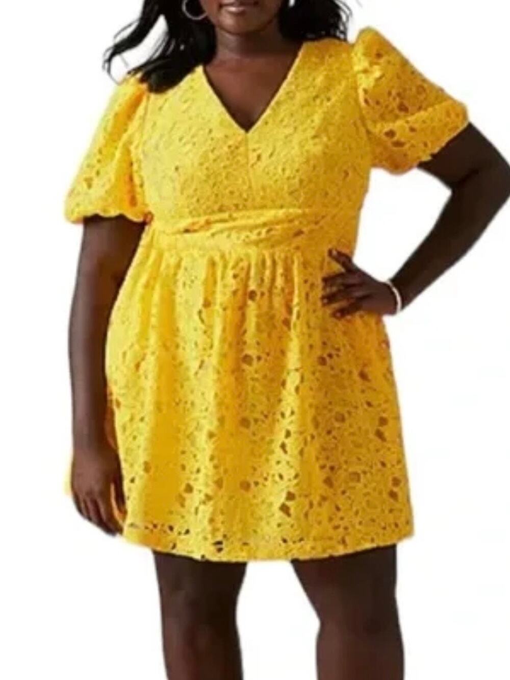 Prabal Gurung Yellow Buttercup Floral Lace Puff Sleeve Dress 22W NWT